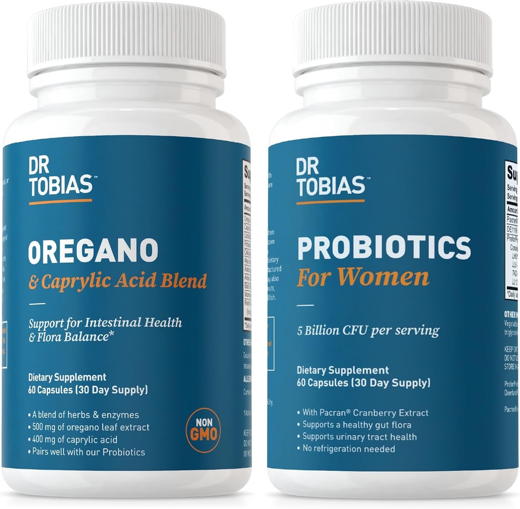 Dr. Tobias Oregano y ácido caprílico Blend y Probióticos para Mujeres - Apoya Gut, Immune y Salud Urinaria, No GMO