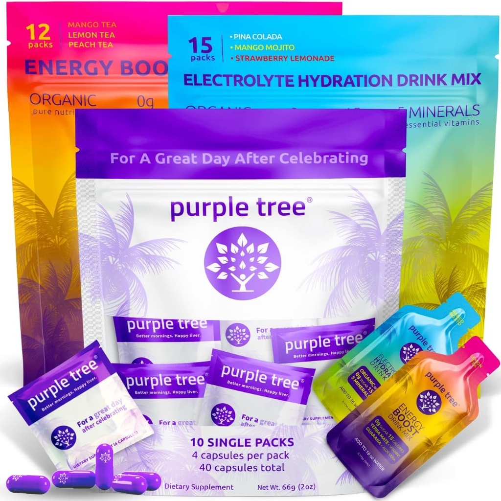 árbol púrpura Premium 3x1 Combo: Post-Celebration Wellness Pills, Hidratación Orgánica, Next Day Energy Stick Packets ← 10 kits de bolsa para mejores mañanas > Happy Liver, Weddings, Travel, Bachelorette