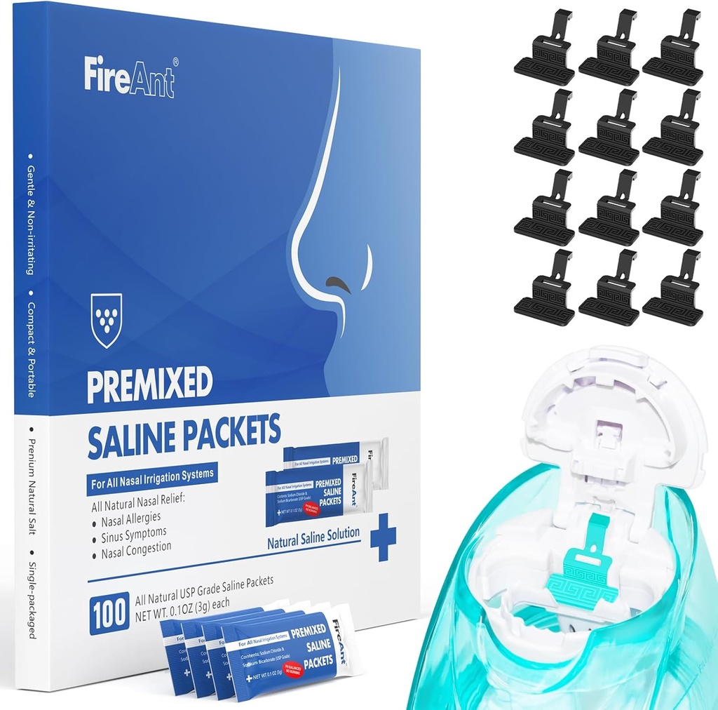 FireAnt 100 Saline Packets y 12 Reutilizable Saline Pods Refills Set, Compatible con Navage Nasal Care - Incluye 100 Condes Sal Packets Sinus Rinse + 12 Pack Silicone Salt Pads Rellenar en Negro