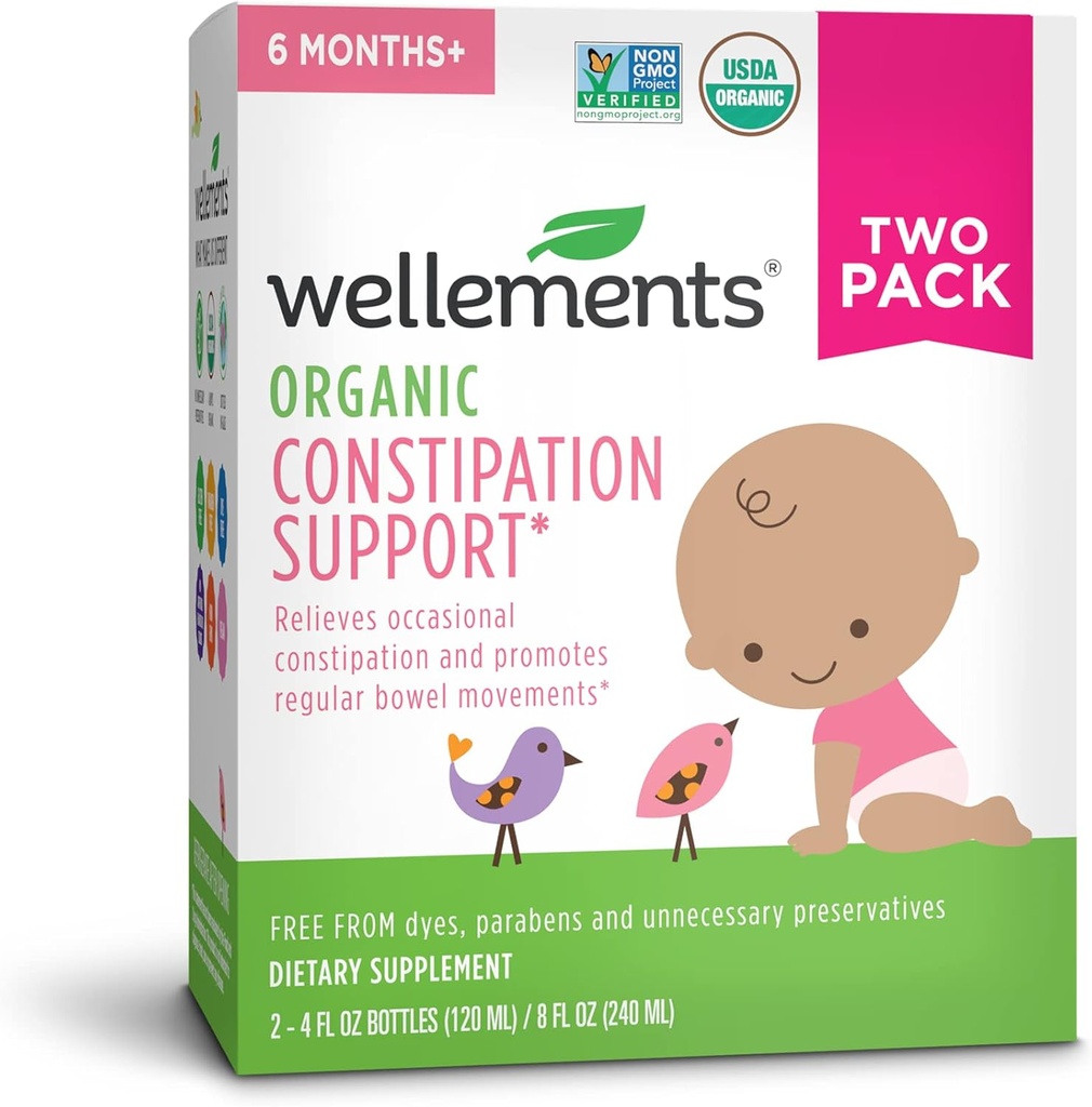 wellements Organic Baby Constipation Support Relieves Occasional Constipation for Infants & Toddlers, No Harsh Laxatives, USDA Certified Organic, 4 Fl Oz (Pack of 2), 6 Meses +