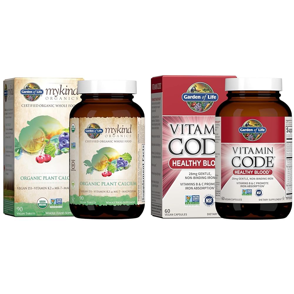 Jardín de Vida Orgánicas Planta Calcio con Magnesio, Vitamina D3 & K2 MK7 Plus Código de Vitamina Sangre Saludable con 28 mg Hierro para Anemia Apoyo