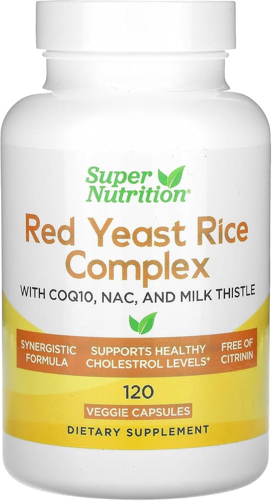 Super Nutrición Complejo de arroz de levadura roja con arroz orgánico de levadura roja, cisteína N-Acetyl, coenzyme Q10 y extracto de cardo de leche, 120 cápsulas de verduras