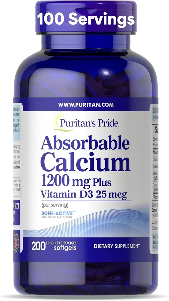 El orgullo de Puritan Absorbable Calcio 1200 mg más Vitamina D3 25mcg 1000 UI con Bone-ActiveTM, 200 Rapid Release Softgels