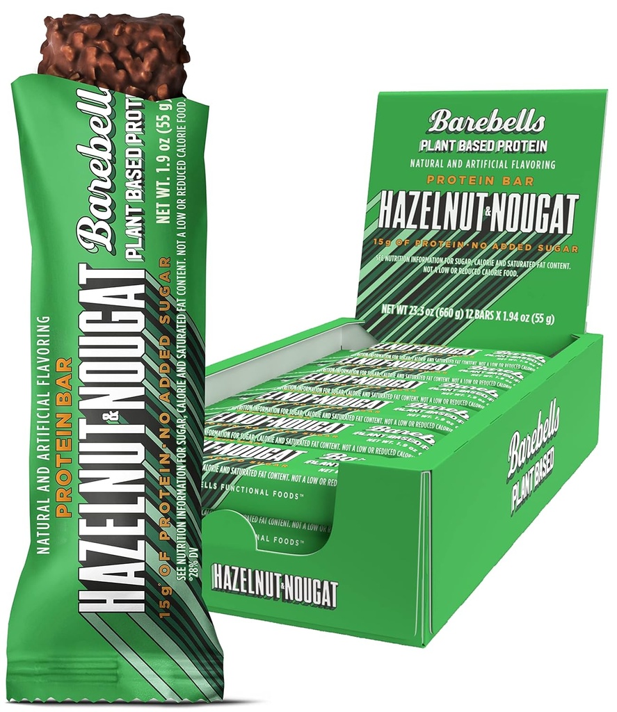 Barebells Vegan Protein Bares Hazelnut & Nougat - 12 Conde, 1.9oz Bares - Características Barrita Proteína con base vegetal con 15g de Proteína - Chocolate Protein Snacks con sólo 1g de azúcares totales - Ideal para