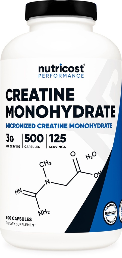Nutricost Micronized Creatine Monohydrate 3000mg 500 Capsules, 125 Servings, 750mg de Creatine Monohydrate Per Capsule