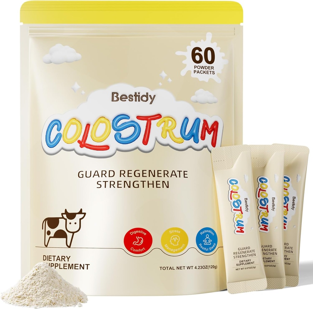 Bestidy Colostrum Suplemento,Colostrum Powder for Gut, Hair Growth, Beauty, Individualmente Envasado,Natural Superfood Bovine Colostrum Powder,(60 Servings) 4.23 Oz