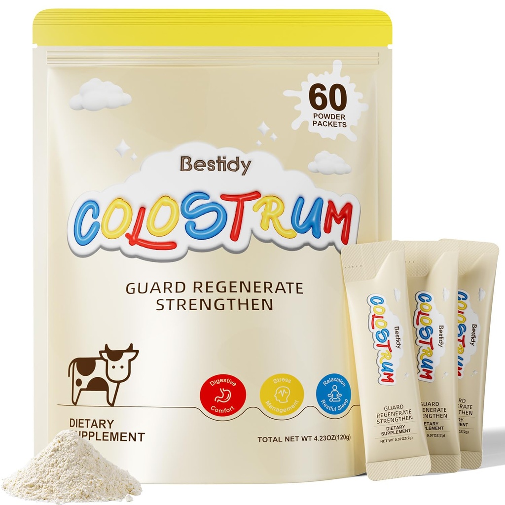 Bestidy Colostrum Suplemento,Colostrum Powder for Gut, Hair Growth, Beauty, Individualmente Envasado,Natural Superfood Bovine Colostrum Powder,(60 Servings) 4.23 Oz