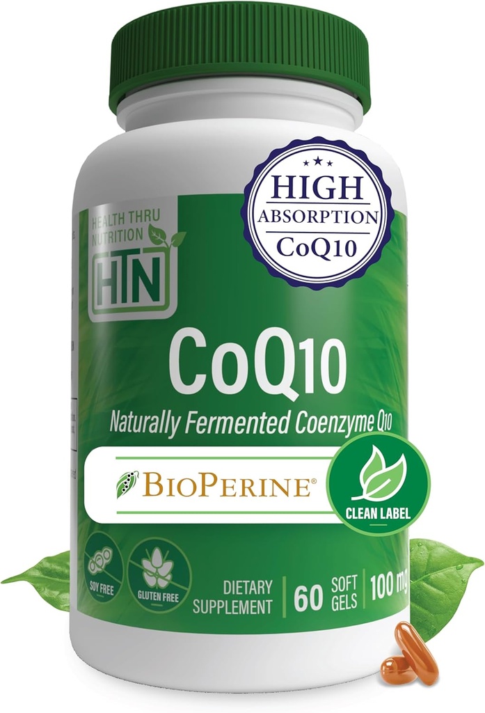 Salud Thru Nutrition CoQ-10 100mg con BioPerine 60 Softgels ← Alta Absorción Naturalmente Fermentada USP Grade Coenzyme Q10 Suplemento ← 3rd Party Tested  durable Heart Health and Energy Support