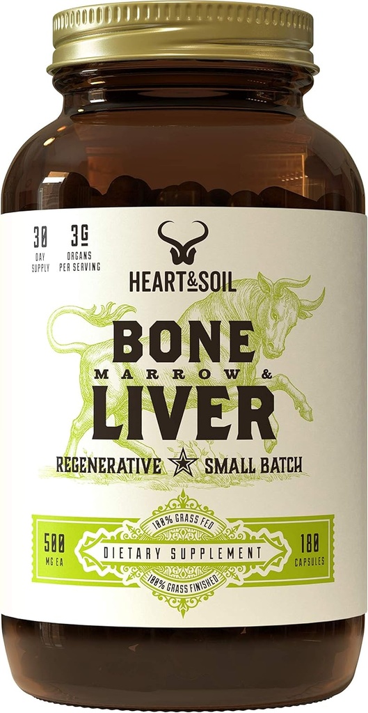HEART " SOIL - Grass-Fed Bone Marrow and Beef Liver Supplement – 3000mg, Desiccated Organ Blend for Mood, Bone, Joint, Tissue, Skin Health - Non-GMO, Allergen-Free – 180 Capsules