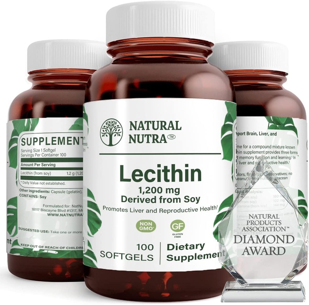 Natural Nutra Soy Lecithin 1200 mg Suplemento dietético - Función cerebral, Salud del hígado, Hepls Breast Health, Memory Boosting Supplement - Gluten-Free, BPA-Free, 100 Softgels en botellas de vidrio reciclable