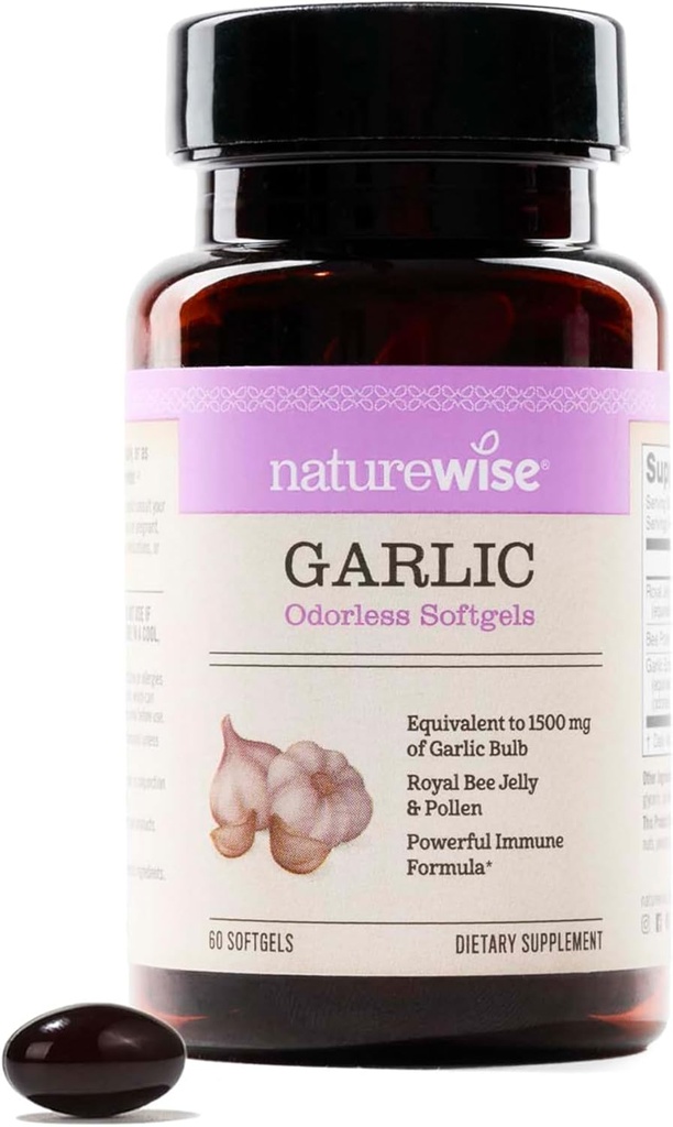 NatureWise Odorless Pills de ajo - con Royal Bee Jelly & Pollen - Suplemento herbal para la salud del corazón + Sistema inmunológico + Antioxidantes - Gluten Free, Non-GMO - 60 Softgels [2-Month Supply]