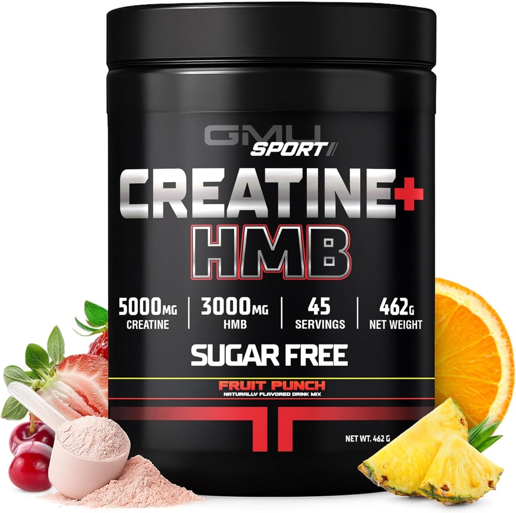 GMU SPORT - Creatine Monohydrate with HMB Powder - 45 Servings, Creatine HMB Supplements, Creatine with HMB for Increased Strength, Muscle Growth & Enhanced Energy, 3G HMB/Fruit Punch