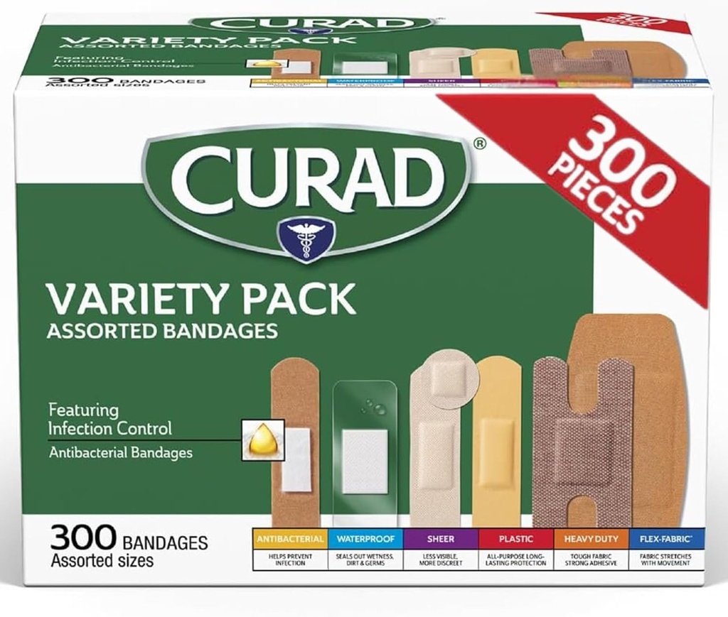 CURAD Assorted Bandages Variety Pack, 300 Count, 6 Styles Including Antibacterial, Waterproof, Sheer, Plastic, Heavy Duty & Flex-Fabric, Protects Scrapes, Cuts & Burns, Latex-Free