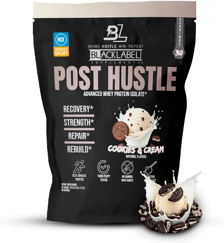 BLACKLABEL Suplementos Post Hustle Post Workout Protein Powder, 30 Servings – NSF Certified for Sport Whey Isolate Protein Powder with Digestive Enzymes – Cookies &amp; Cream
