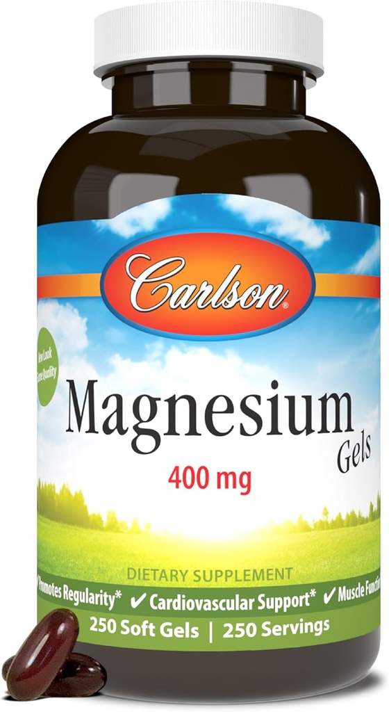 Carlson - Magnesium Gels, 400 mg de Magnesium per Softgel, Heart &amp; Muscle Support, Magnesium Gel Caps, Bowel Function, Magnesium Supplement, 250 Softgels
