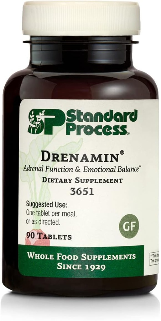 Standard Process Drenamin - Complemento de Función Adrenal para la Respuesta al Estrés Saludable - Soportes Producción de Energía saludable " Metabolismo - Sin gluten, No-Dairy " Non-Soy - 90 Tablets (90 Servings)
