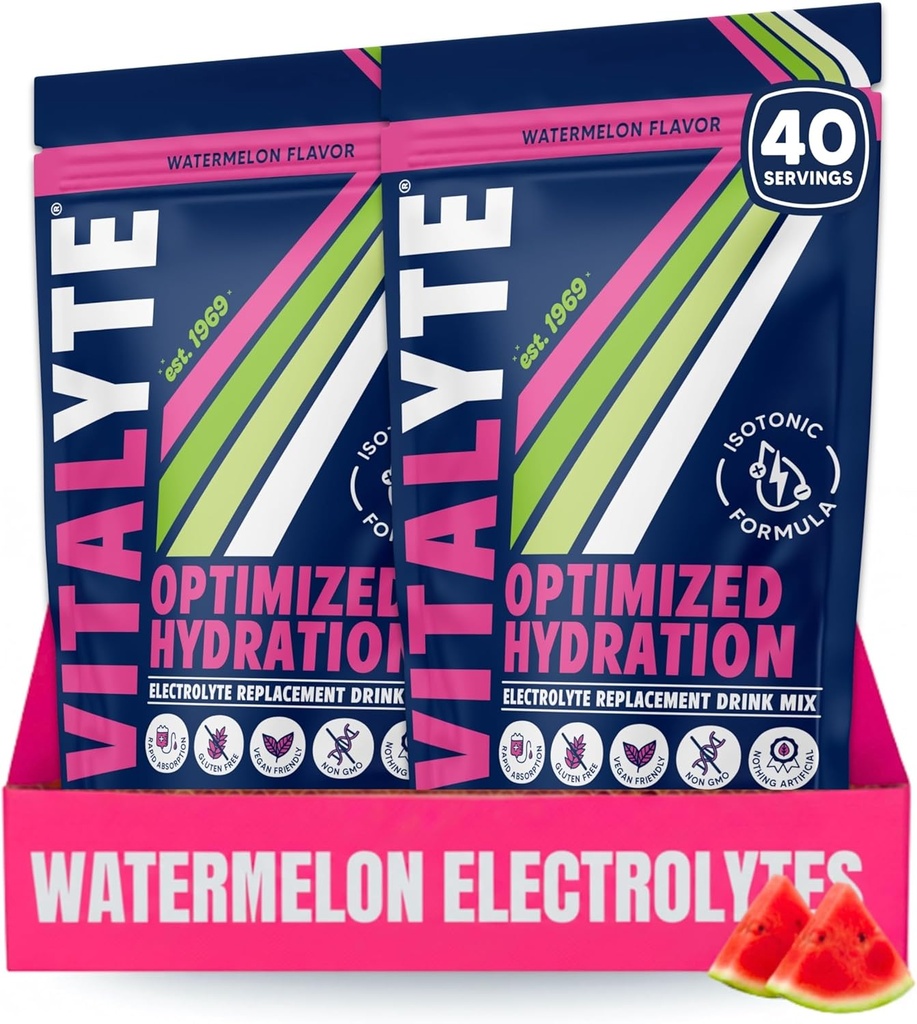 Vitalyte Electrolyte Powder Drink Mix, Isotonic Electrolyte Hydration Mix, Gluten Free Post Workout Powder Mix, Pack de 2, 35 oz. Cada uno, Watermelon Flavor