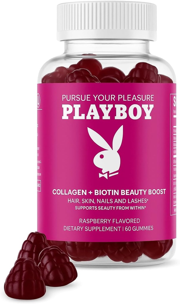Playboy - Collagen + Biotin Beauty Boost Gummies for Hair, Skin, Nails & Lashes (60 Gummies) - Raspberry Flavored Biotin &amp; Collagen Supplement for Women &amp; Men - Non-GMO, Gluten Free, Nut Free Gummy