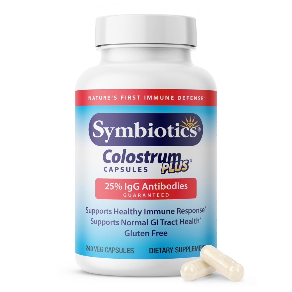 Symbiotics Colostrum 240ct Vegetable Capsules - Immunity Support - Lactoferrin Supplement &amp; Colostrum Protein with Immunoglobulin - 25% lgG Anticuerpos - Gluten Free