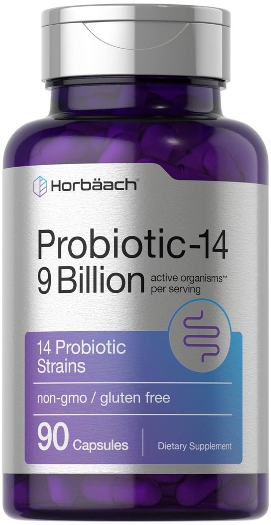 Horbäach Probiotics for Women & Men | 14 Strains for Digestive Health | 9 Billion CFU | 90 Capsules | Non-GMO & Gluten Free Supplement