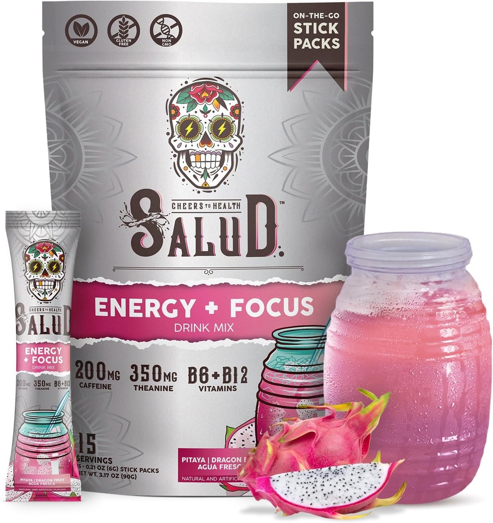 Salud 2-en-1 Bebida Energética Powder + Focus, Fruta Dragón, Caffeine Orgánica, B6 + B12, Theanina, Packets de Bebida en Energía Limpia, Pitaya Agua Fresca Mix, No GMO, Gluten Free, Vegan, 1g de Sugar, (15 Servings)