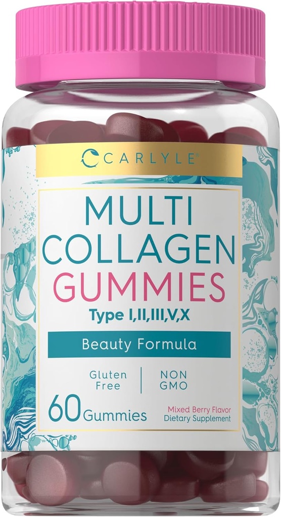 Carlyle Collagen Gummies ← 60 Conde ← Complejo Multi Collagen ← Belleza Fórmula Suplemento Silencio Mixed Berry Flavor ← Non-GMO, Gluten Free