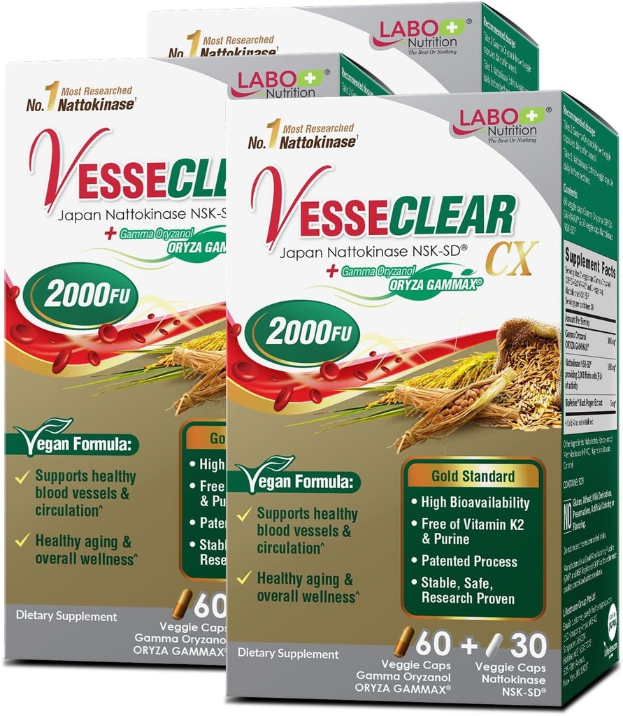 LABO Nutrition VesseCLEAR CX: Nattokinase NSK-SD + Gamma Oryzanol for Clean Blood Vessel & Healthy Ageing, Japan's Most Clinically Studied, For Healthy Cholesterol, Heart, Vegan, Acid-Resistant, 60sx3