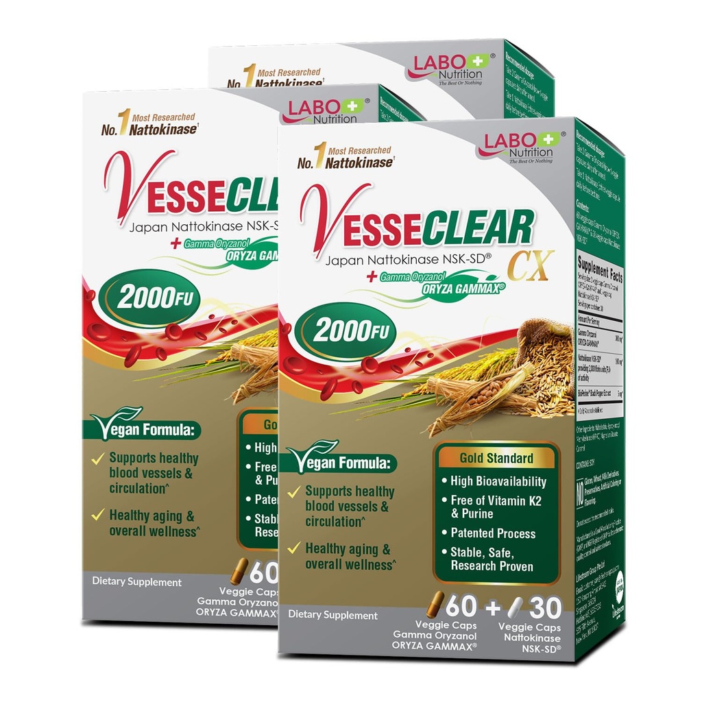 LABO Nutrition VesseCLEAR CX: Nattokinase NSK-SD + Gamma Oryzanol for Clean Blood Vessel &amp; Healthy Ageing, Japan's Most Clinically Studied, For Healthy Cholesterol, Heart, Vegan, Acid-Resistant, 60sx3