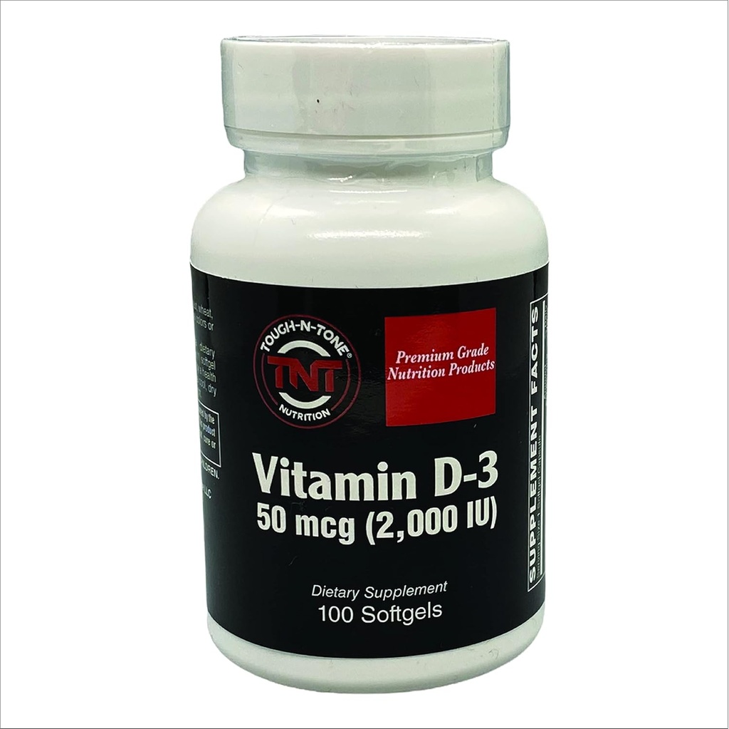TOUGH-N-TONE Premium Grade Vitamina D-3, 2.000 UI (cholecalciferol), una forma altamente biodisponible de vitamina D, en un gel suave fácil de absorber.