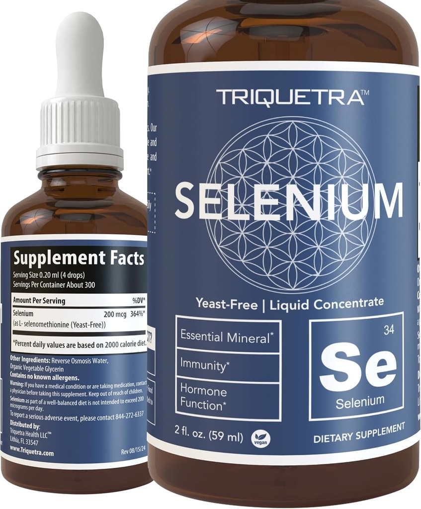 Selenio - 200 mcg, forma de selenomethionina, 300 servidumbres - Vegan, botella de vidrio, levadura libre - Concentrado líquido sublingual - Antioxidante, soporta inmunidad, salud tiroidea (2 oz.)