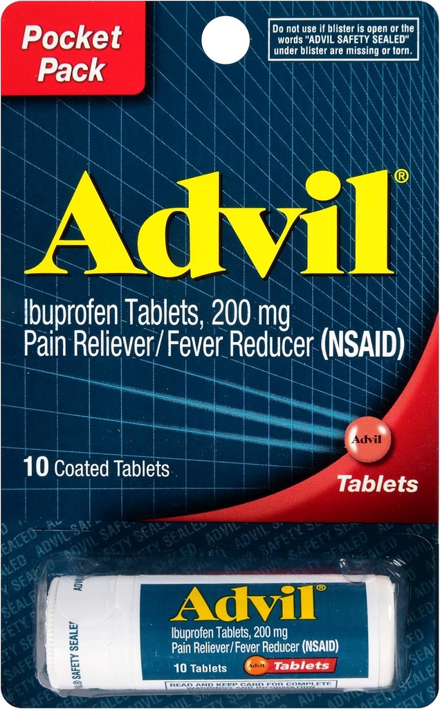 Alimentador de Dolor y Reductor de Fiebre Advil Coated Tablets, Ibuprofen 200mg, 4 x 10 Cuenta Vial, Alivio de Dolor rápido, Pack de bolsillo