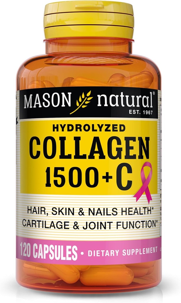 MASON NATURAL 1500mg Collagen with Vitamin C, Biotin, " Calcium, 40 Day Supply Capsules, Suplemento para el cabello, la piel y las uñas.