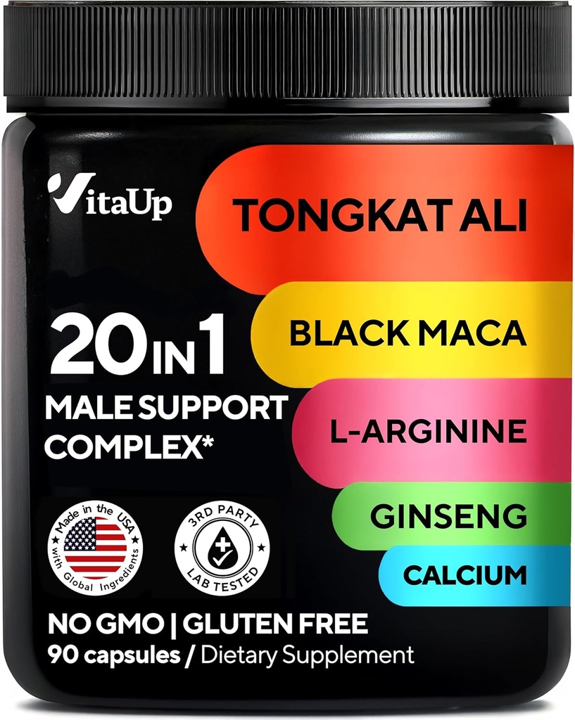 Tongkat Ali for Men 20 in 1 with Astragalus - USA Made Mens Supplement Complex with Black Maca Root, L-Arginine, Ginseng, Calcium, Astragalus for Normal Strength ' Endurance Support - 90 Caps
