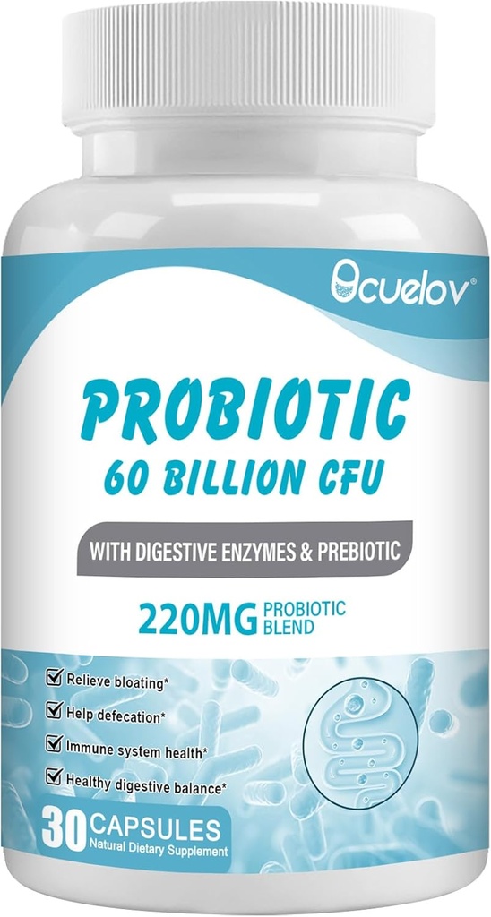 Probióticos 60 Billones CFU con 10 Estrados &amp; 3 Prebióticos Orgánicos, Suplemento Probióticos para Mujeres Hombres Apoyo Metabolismo, Inmunidad y Salud Digestiva,No Gluten Free,30 cápsulas