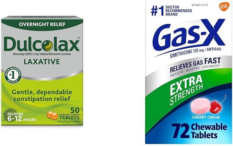 Dulcolax Alivio de la noche libre Laxante para el alivio del estreñimiento suave, Bisacodyl 5 mg Tabletas, 50 Conde &amp; Gas-X Extra Strength Chewable Gas Relief Tablets with Simethicone 125 mg for Bloating Relief