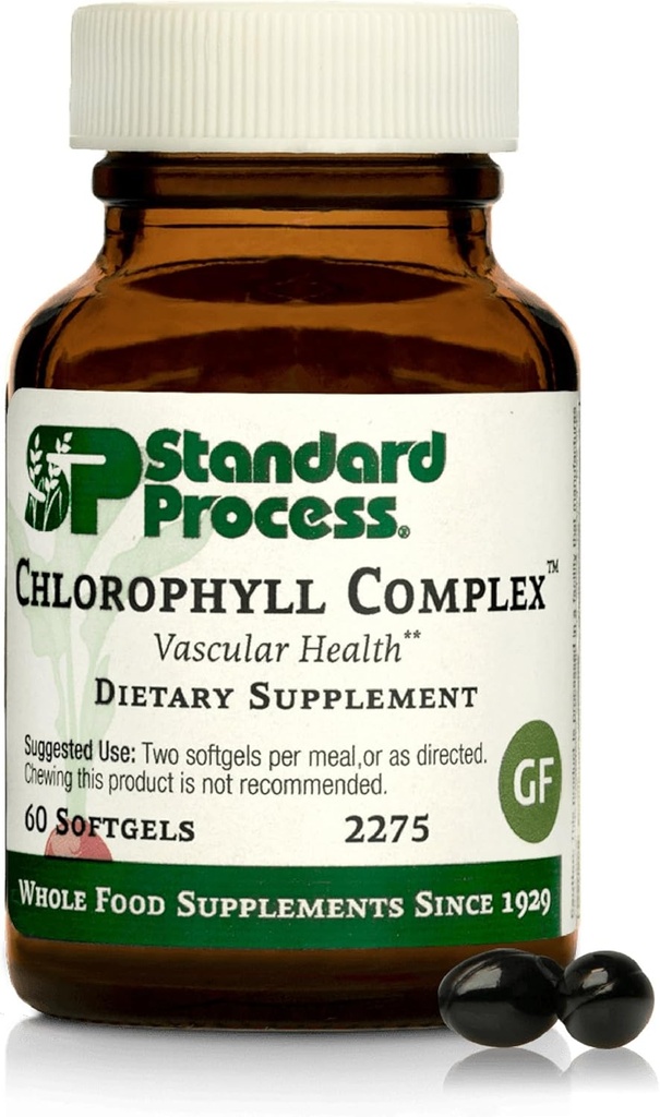 Standard Process Inc. Complejo de clorofila - Soporte inmunitario, Actividad Antioxidante, Salud de la piel y el cabello Apoyo a la salud con vitamina A, Lecitina de girasol, Buckwheat, Moss español - 60 Softgels