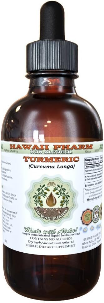 Extracto líquido libre de alcohol Turmérico orgánico (Curcuma Longa) Rhizome seco Glycerite Natural Herbal Suplemento, Hawaii Pharm, USA 2 fl.oz
