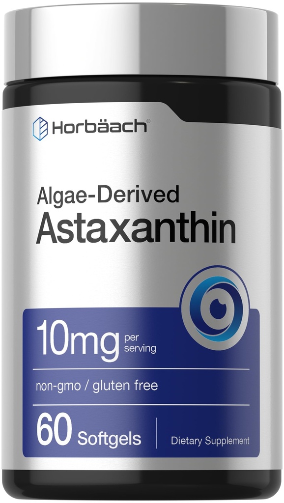 Horbäach Astaxanthin 10mg ← 60 Softgels ← Algae Derivada Fórmula Silencioso no GMO, Gluten Free Supplement