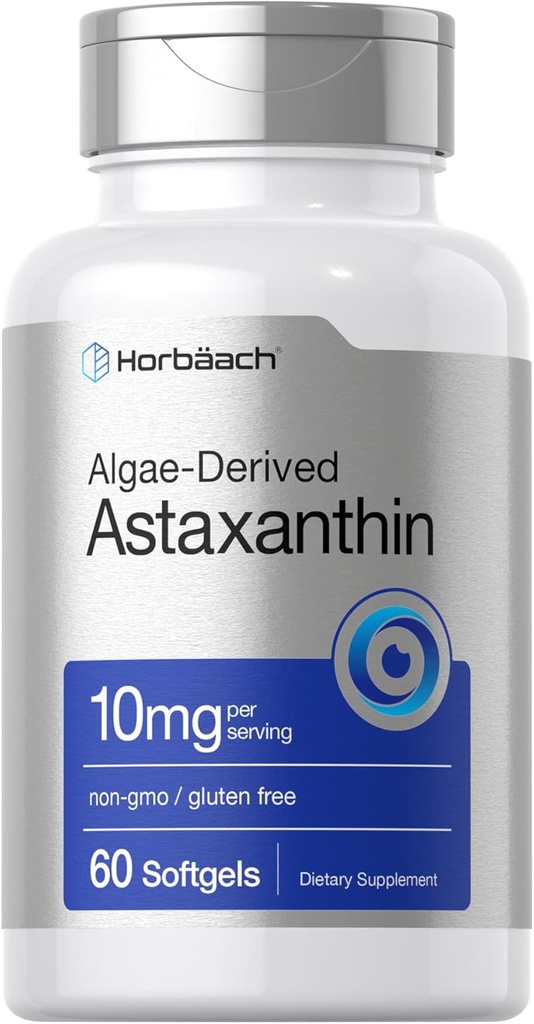Horbäach Astaxanthin 10mg ← 60 Softgels ← Algae Derivada Fórmula Silencioso no GMO, Gluten Free Supplement