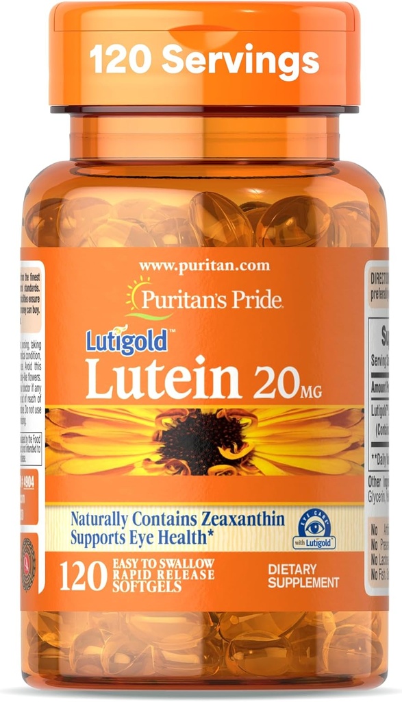 Pride Premium LutigoldTM Lutein Carotenoide 20mg con Zeaxanthin para Hombres y Mujeres, Suplemento dietético para el apoyo a la salud ocular, 8 meses de suministro, 120 Softgels fáciles de cambiar
