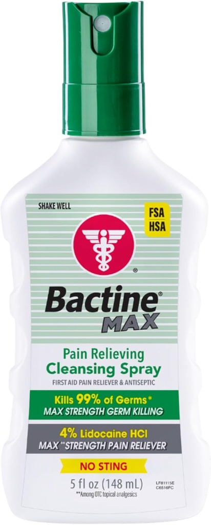 Bactina Max Doin Aliviando el Espray Antiséptico con Lidocaína, dolor de primeros auxilios + Itch Relief, No-Sting, Mata el 99% de Germs*, 5oz