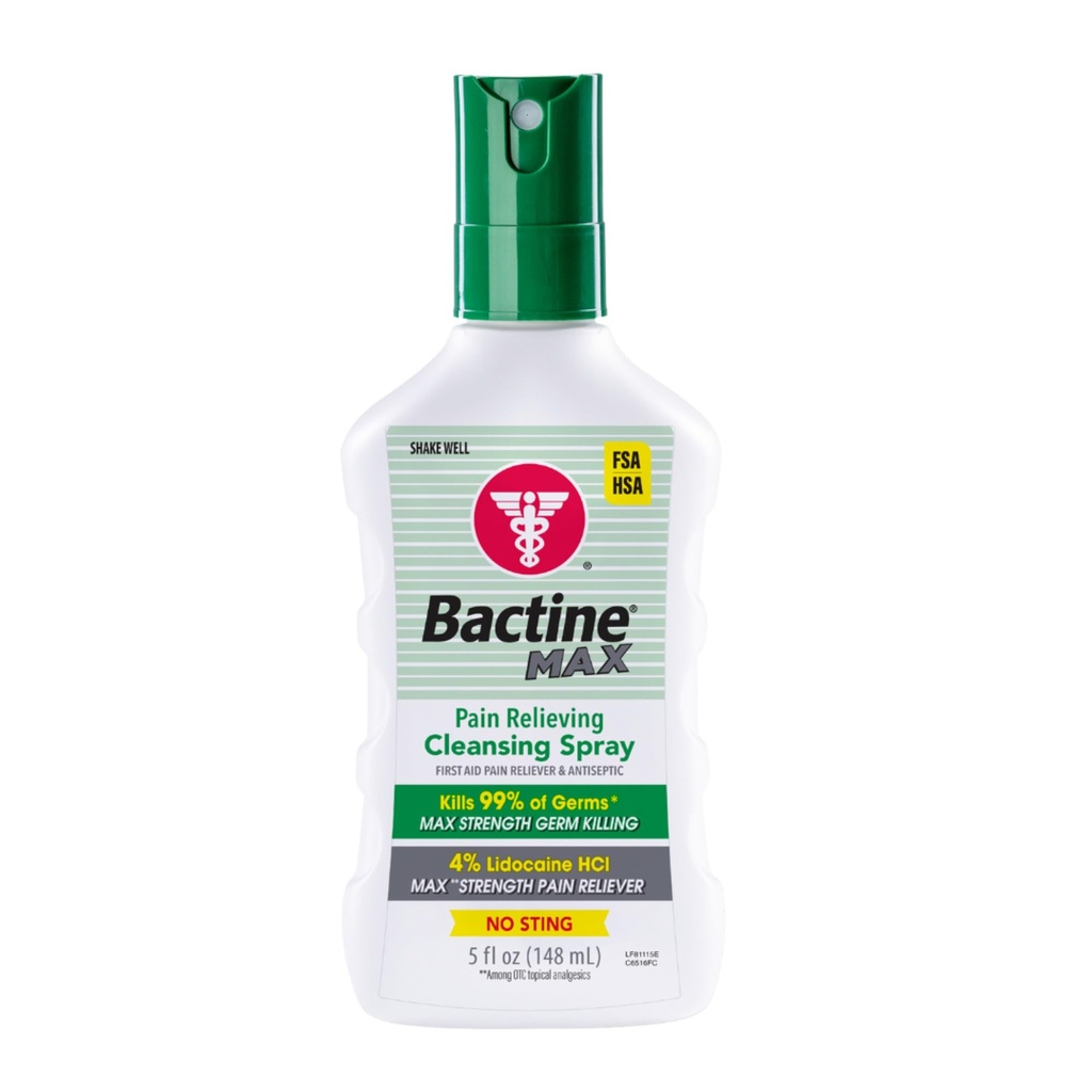Bactina Max Doin Aliviando el Espray Antiséptico con Lidocaína, dolor de primeros auxilios + Itch Relief, No-Sting, Mata el 99% de Germs*, 5oz