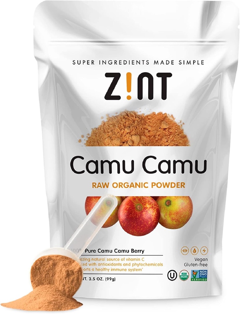 Zint Camu Camu Powder Orgánica ← Superfood Powder Silencio Orgánica Frutas Ingredientes Silencio Antioxidantes Fuente Perfecto para Smoothies, Juices, Ice Creams ← Non-GMO, Gluten-Free, Kosher Silencio 3.5 oz