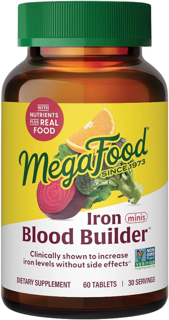 MegaFood Blood Builder Iron Suplemento para Hombres Mujeres - Aumentar los niveles de hierro sin efectos secundarios - Combate Fatiga - Vitamina B12, Ácido Fólico &amp; Vitamina C - Vegan - 60 Mini Tabletas (30 Servimientos)