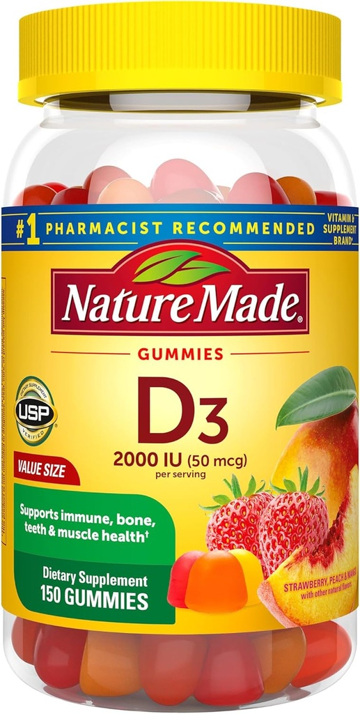 Natural Made Vitamina D3 2000 UI Por Servir Gummies, Huesos, Dientes, Musculo e Immune Health Support, 75 Day Supply, 150 Vitamina D Gummies para Adultos