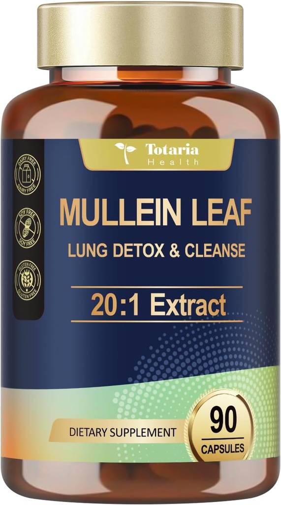 Totaria Mullein Capsules con Calendula para Lung Detox &amp; Cleanse, Mullein Leaf Extract for Lungs Herbal Supplements for Respiratory Health & Immunity - 90 Vegan Caps