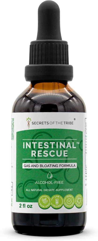 Secretos de la Tribu - Rescate intestinal, Gas y Fórmula de Bloating, Suplemento de hierbas Tirantes líquidos libres de alcohol (2 fl oz)