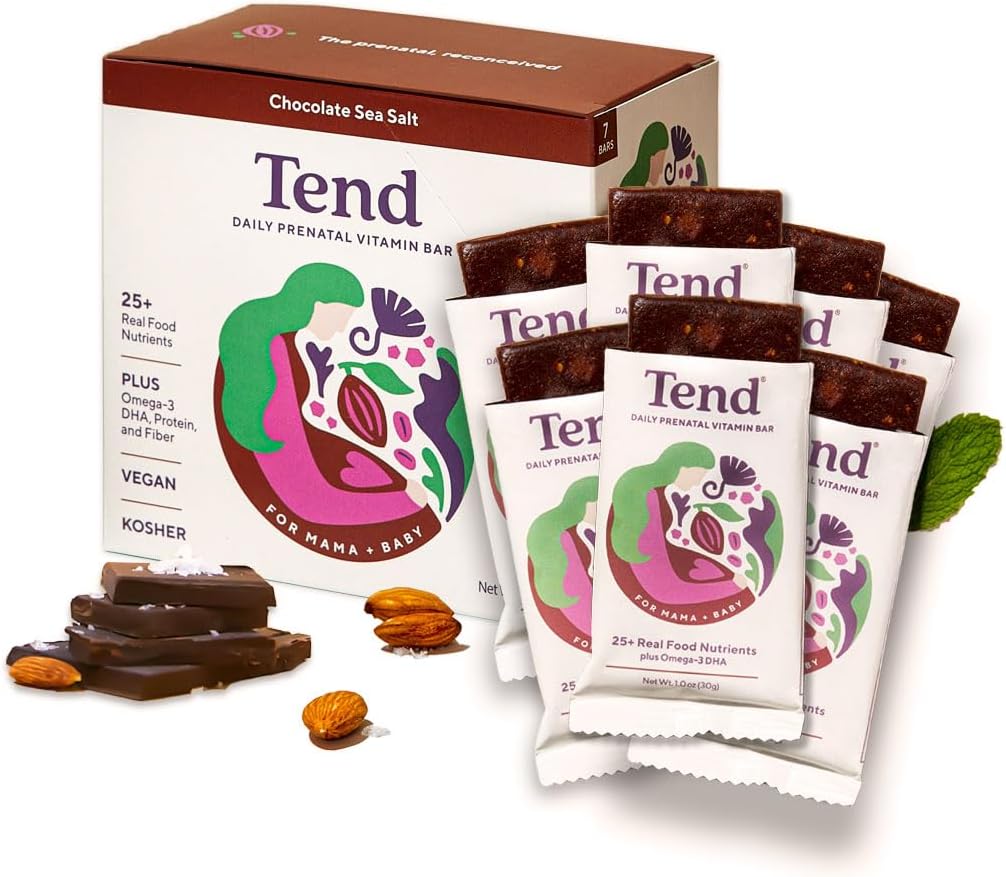Tend Daily Best Prenatal Vitamin Bar, Made with Organic Ingredients for Pregnant & Postpartum Mothers, Incluye DHA, Vitamina D, B, Choline, Folate - Chocolate Sea Salt (7ct)