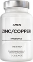 Amen Zinc &amp; Copper Suplemento + Probióticos, 3 meses de suministro, 1 por día - 50 mg Zinc Picolinate Vitamina Pills - Minerales Esenciales Suplementos – 2 millones de UF Probiótico – Vegano, No GMO, 90 cápsulas