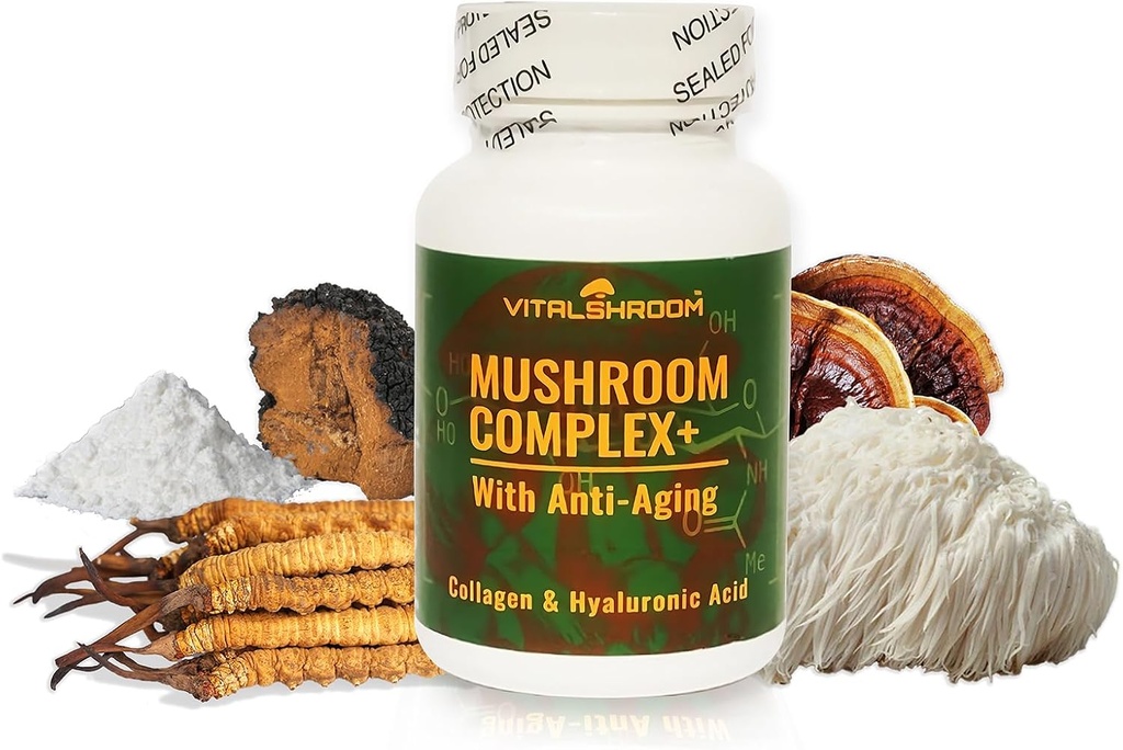 Mushroom Complex with Anti-Aging. Natural Mushroom-Based Anti-Aging Supplements with Chaga, Lion’s Mane, Cordyceps, Reishi, Collagen, Hyaluronic Acid, Vitamins B1, B2, B6, C, D.